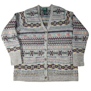 Exclusive Lauren Ralph Lauren Hand Knit Fair Isle Cardigan wool XL Grey Multi
